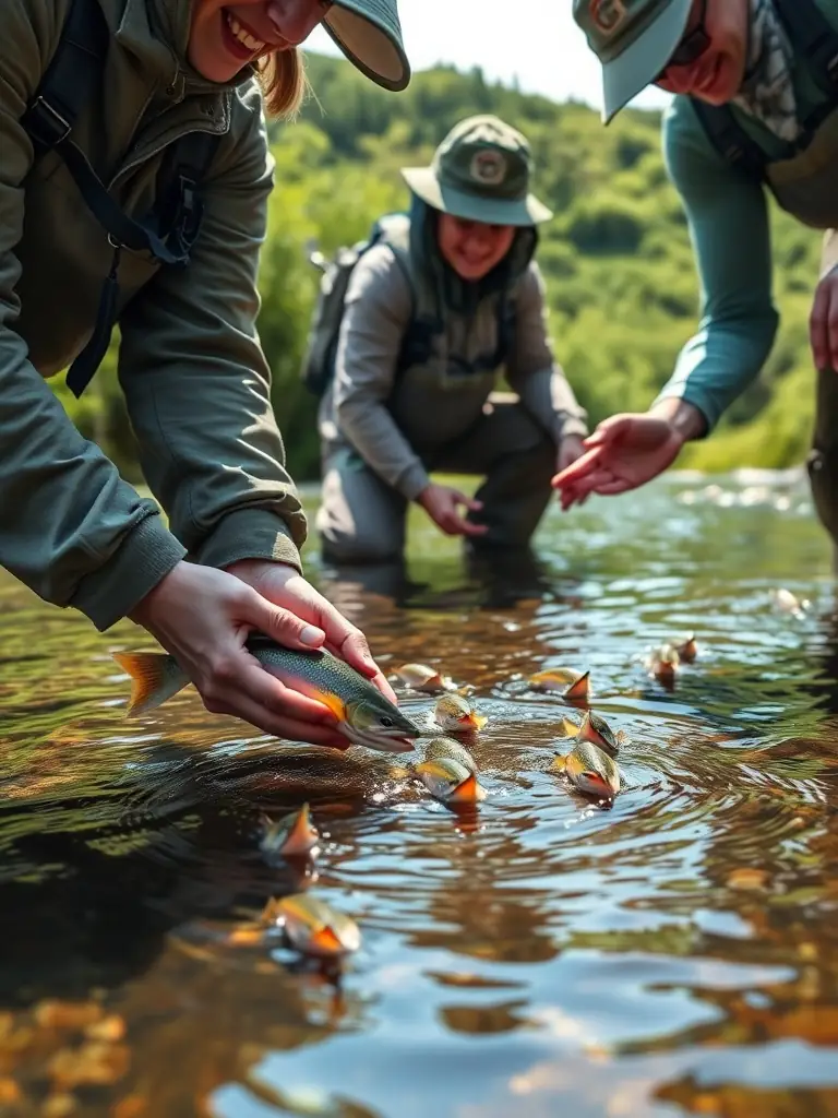 A photograph capturing volunteers from AMICALE DES PECHEURS DU BLANZACAIS releasing juvenile fish into the river Né, showcasing their fish stocking program.