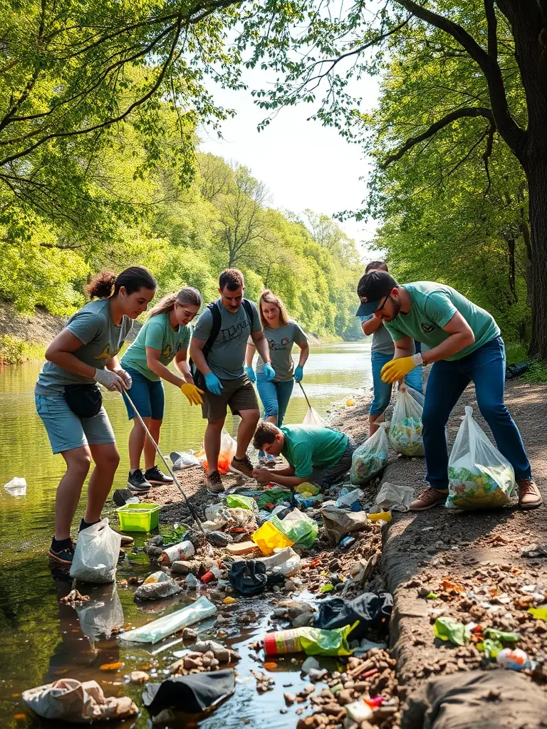 A picture of volunteers cleaning up debris along the riverbank, highlighting AMICALE DES PECHEURS DU BLANZACAIS's commitment to environmental protection.