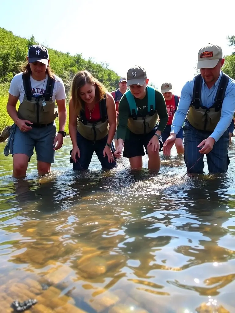 A photograph of volunteers stocking a local river with fish, showcasing the fish stocking program of AMICALE DES PECHEURS DU BLANZACAIS.