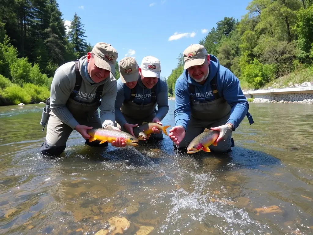 A photograph featuring AMICALE DES PECHEURS DU BLANZACAIS members stocking the river Né with native fish species, contributing to the restoration of the local fish population and the overall health of the aquatic ecosystem.