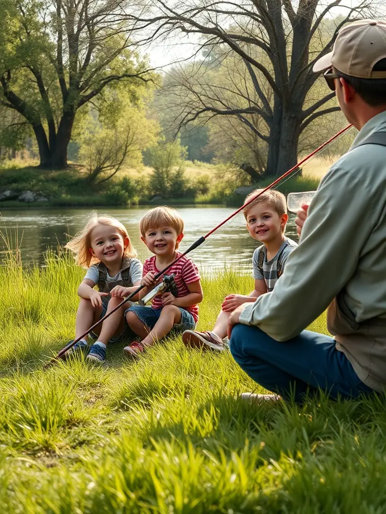 A photo of a group of children participating in a fishing workshop organized by AMICALE DES PECHEURS DU BLANZACAIS, learning about responsible angling.