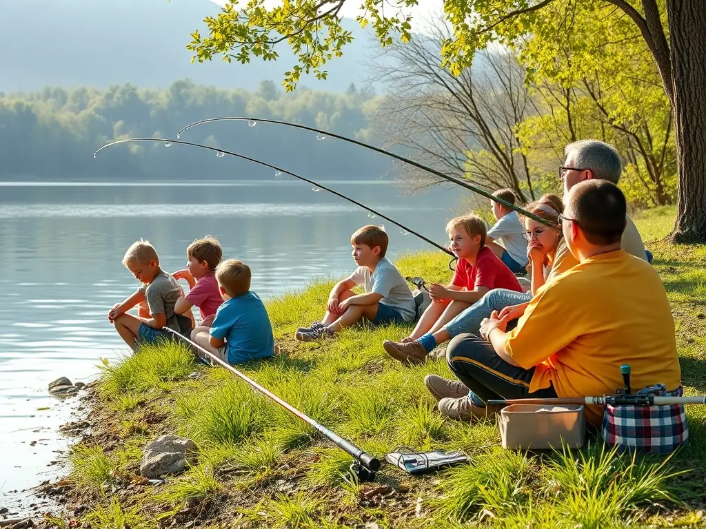 A photograph showing members of AMICALE DES PECHEURS DU BLANZACAIS conducting a workshop for local children, teaching them about the importance of aquatic biodiversity and responsible fishing practices.