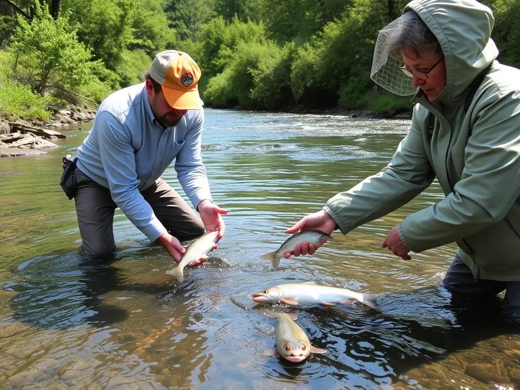 A photo of a fish stocking event, with volunteers releasing young fish into the river, highlighting efforts to enhance aquatic biodiversity.
