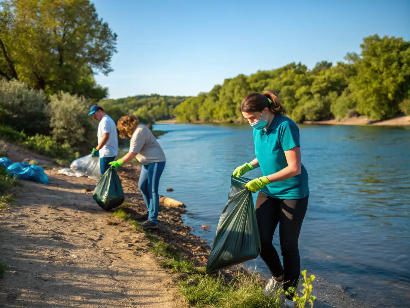 A group of volunteers participating in a river cleanup, removing trash and debris from the riverbank, showcasing community involvement in environmental conservation.