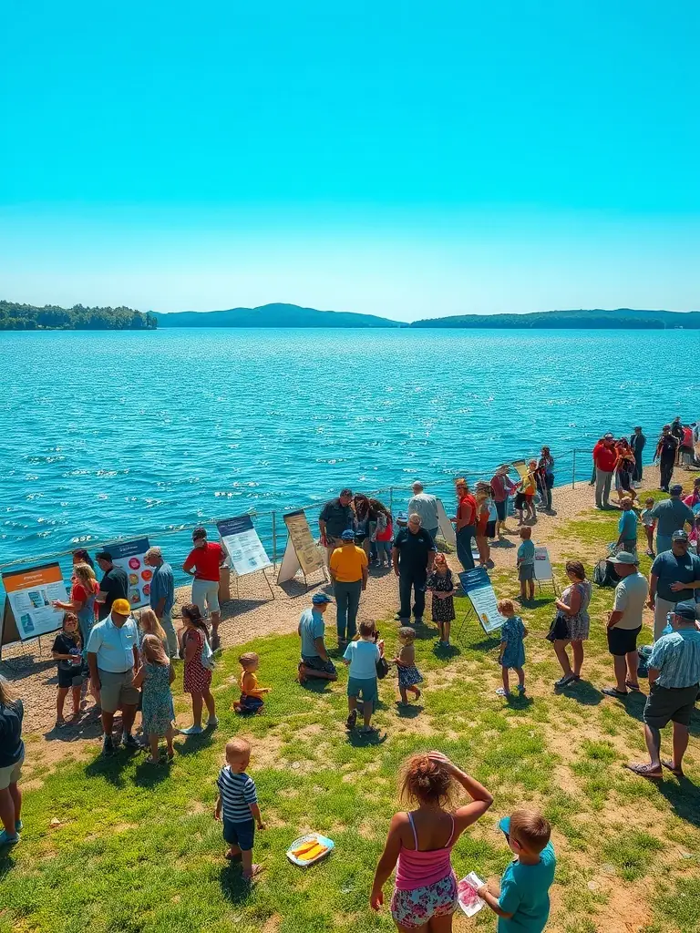 A photograph of a community event organized by AMICALE DES PECHEURS DU BLANZACAIS, featuring educational displays about local fish species and their habitats.