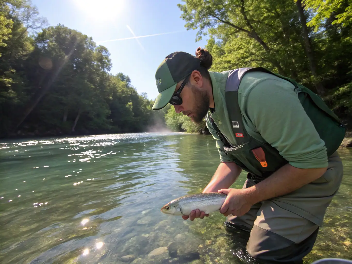 A group of volunteers participating in a fish stocking activity, carefully releasing young fish into the river, highlighting the organization's efforts to enhance fish populations.