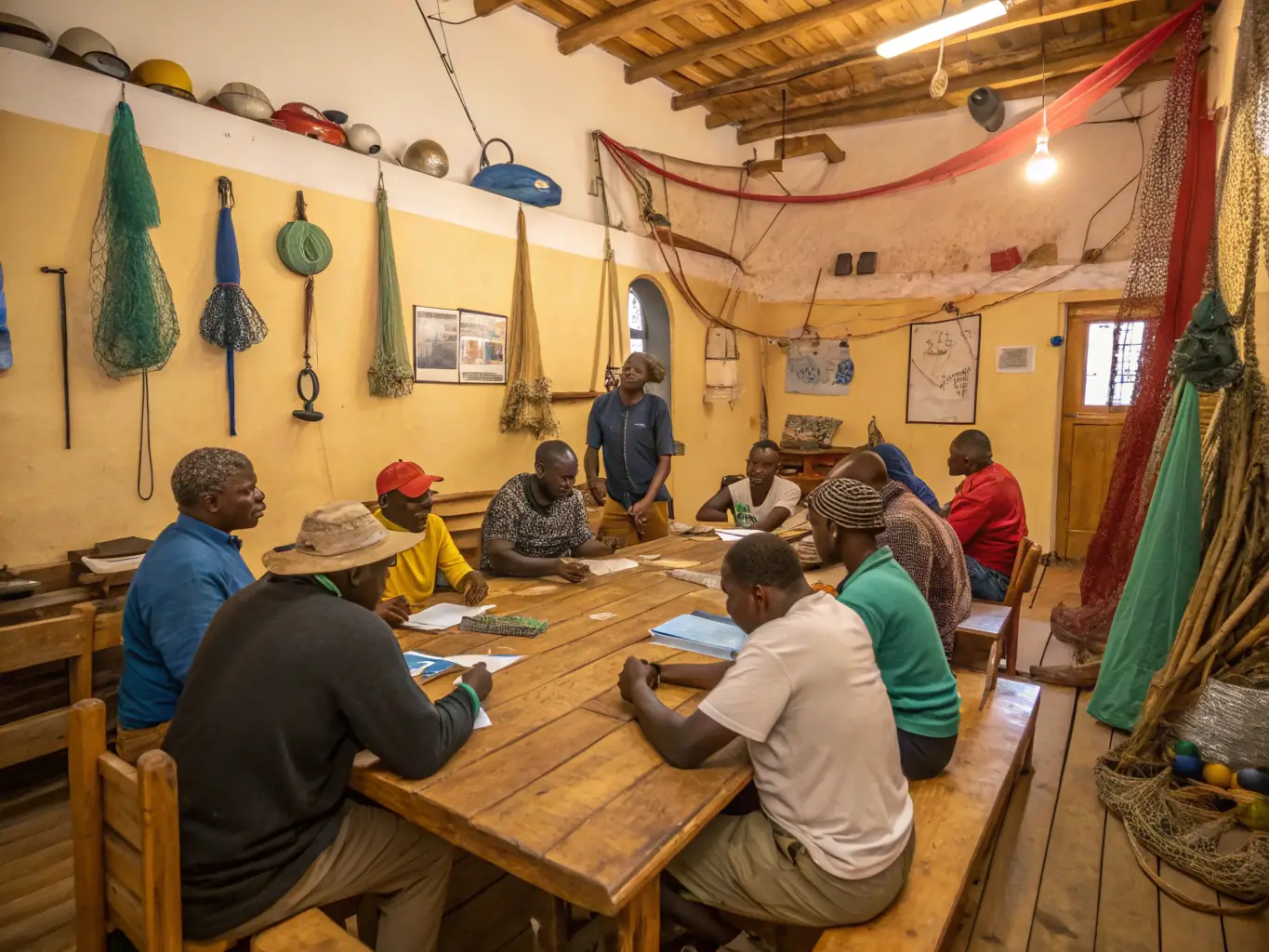 A workshop in progress, with participants learning about sustainable fishing practices and environmental conservation techniques.