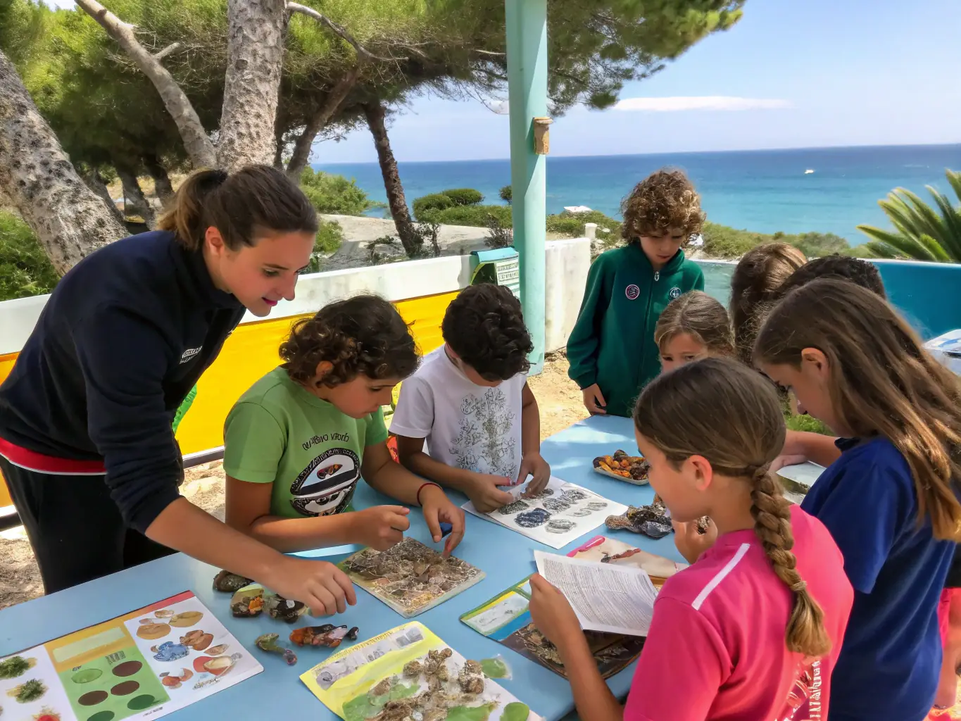 A photo of a community event focused on environmental education, with children and adults learning about aquatic ecosystems and sustainable fishing practices.