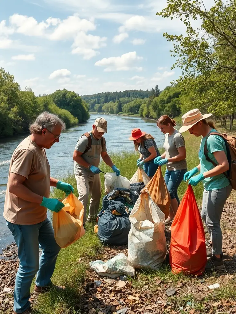 A picture of a group of people cleaning up the banks of the river Né, highlighting the environmental cleanup efforts of the organization.